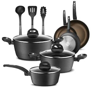 Kitchenware 12-Piece Set Pots and Pans Stylish Kitchen Cookware Set with Stylish Metallic Ridge-Line Pattern, Non-Stick