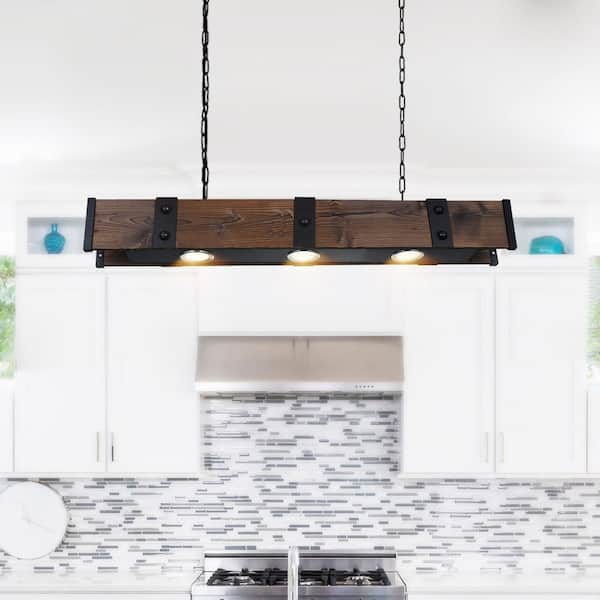 Pago Drum Shade Island Light With Black & Wood Finish