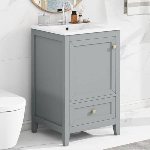 20 in. Single Sink Freestanding Grey Bath Vanity with White Ceramic Top, Drawer, Door Rack