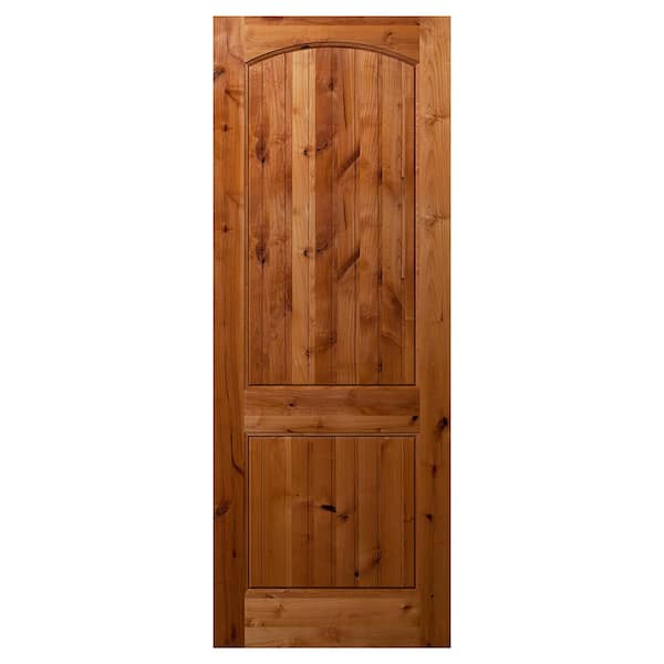 Builders Choice 30 in. x 96 in. 2 Panel Arch Top V-Groove Universal Unfinished Knotty Alder Wood Front Door Slab with Ovolo Sticking