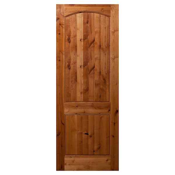 Builders Choice 32 in. x 96 in. 2 Panel Arch Top V-Groove Universal Unfinished Knotty Alder Wood Front Door Slab with Ovolo Sticking