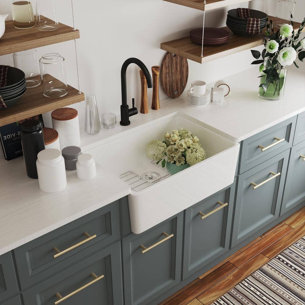 Perch 24" White Ceramic Farmhouse Apron Kitchen Sink