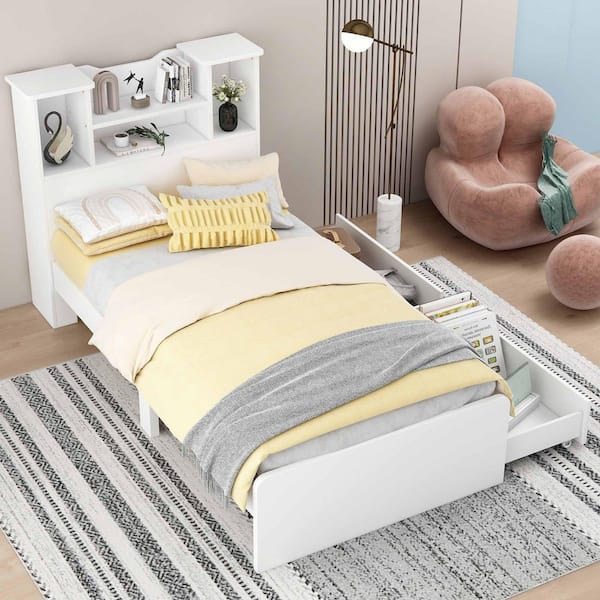 Polibi White Wood Frame Twin Size Platform Bed with 4 Open Storage Shelves and 2 Storage Drawers