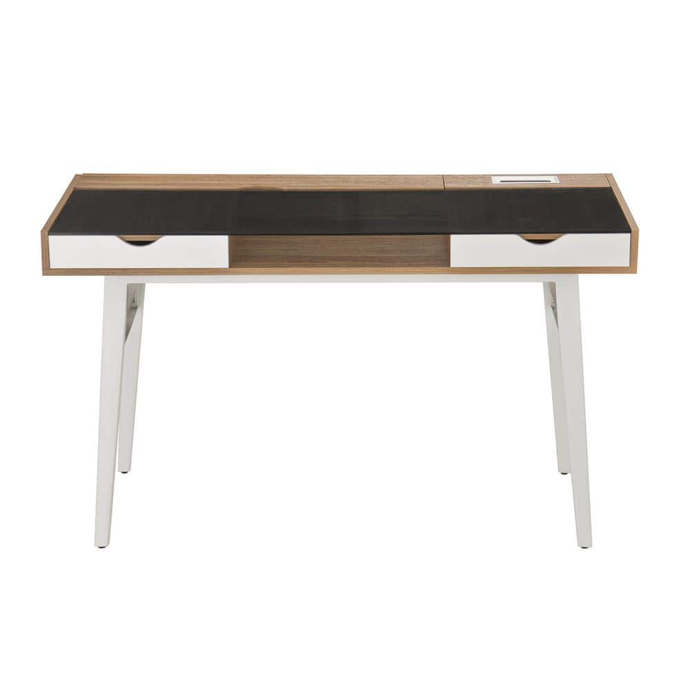 Modern Black Glass and Walnut Computer Desk with Storage