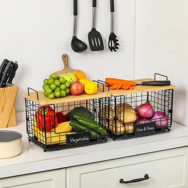 Wudkey 2-Piece Stackable Wire Baskets with Bamboo Tops, Pantry