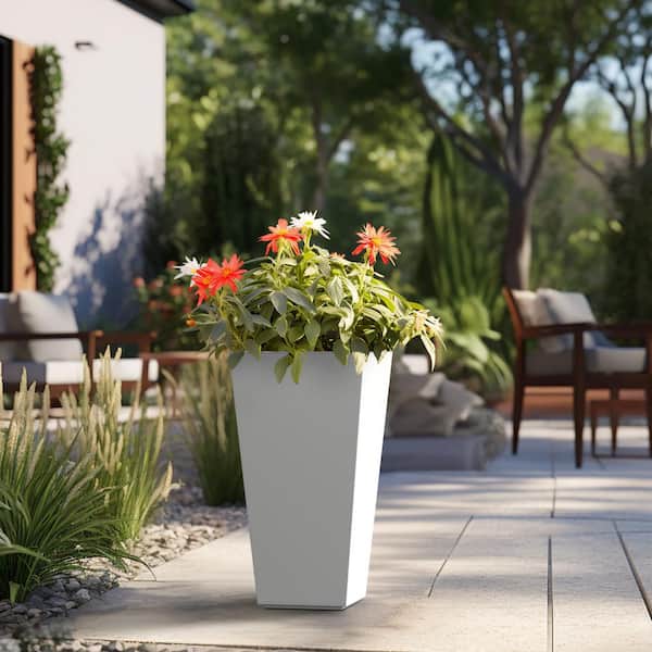 Sapcrete Modern 24.5 in. H Large Tall Crisp White Concrete Tapered Square Outdoor Planter Plant Pots (Set of 2)
