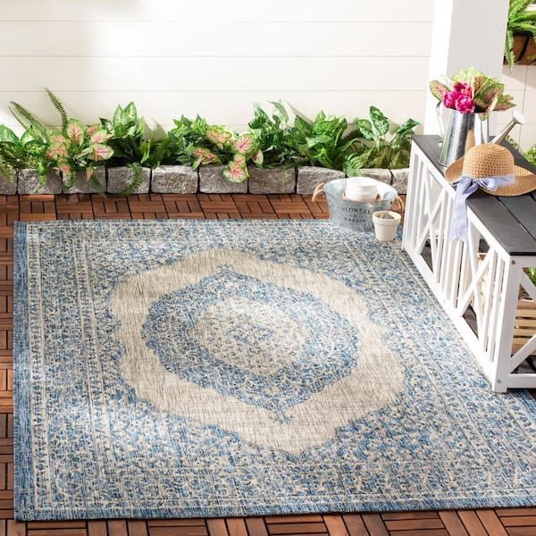 Courtyard Light Gray/Blue 8 ft. x 10 ft. Border Distressed Medallion Indoor/Outdoor Area Rug