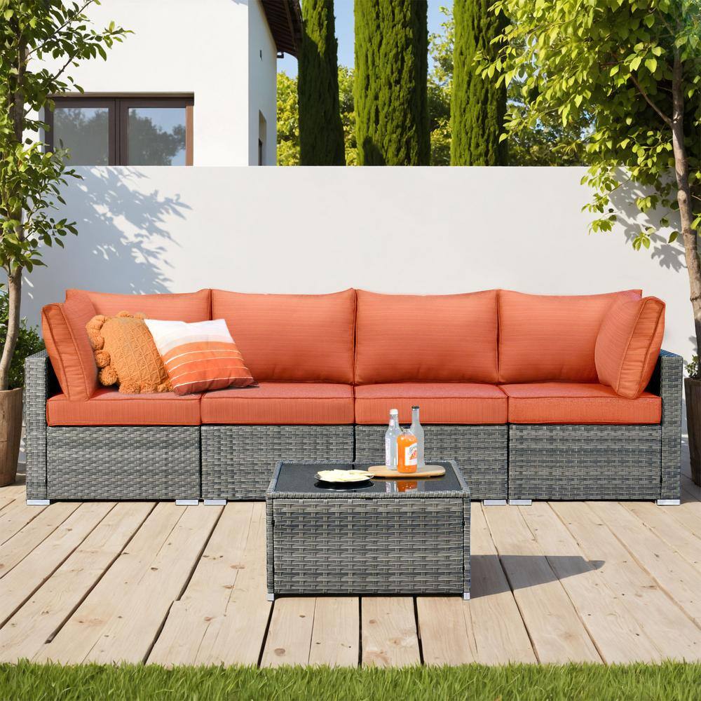 Daffodil E Gray 5-Piece Wicker Patio Conversation Sofa Set with Orange Red Cushions price history on PriceWatchPro