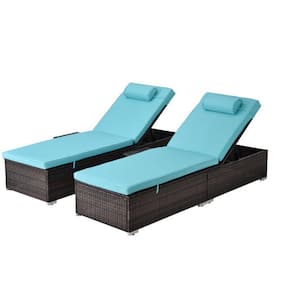 Set of 2 PE Wicker Outdoor Patio Pool Chaise Lounge with Tilt Adjustable Backrest and Removable Seat Cushion Blue