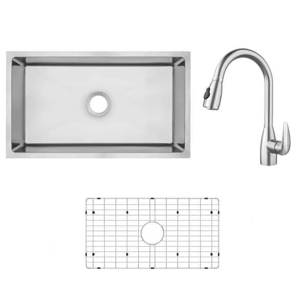 30 in. Tiny Radius Undermount Single Bowl 18-Gauge Stainless Steel Kitchen Sink with Pull Out Sprayer Kitchen Faucet