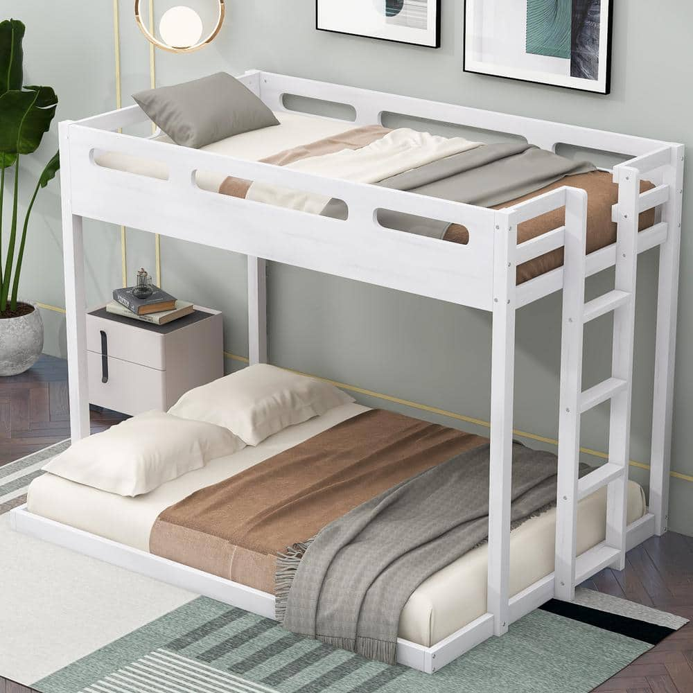 Harper & Bright Designs White Twin over Full Wood Bunk Bed with Built ...