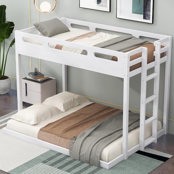 Harper & Bright Designs White Twin over Full Wood Bunk Bed with Built-in Ladder, Full-Length Bedrails