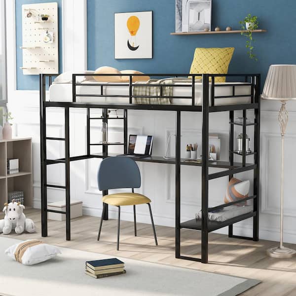 Black Twin Size Loft Bed With Long Desk, Extra Long Loft Beds
