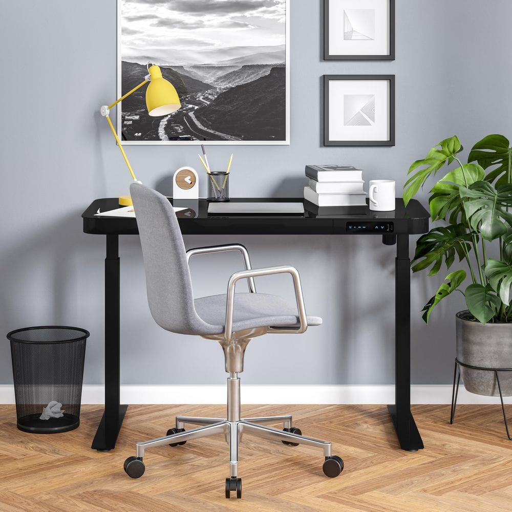 Black Adjustable Height Glass Standing Desk with USB Port and Drawer
