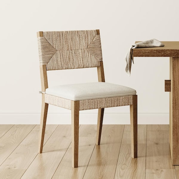 Beacon Wire Brushed Light Brown Foam Seat Cream Boucle Upholstery Dining Chair w/ Seagrass Accent Solid Wood Legs