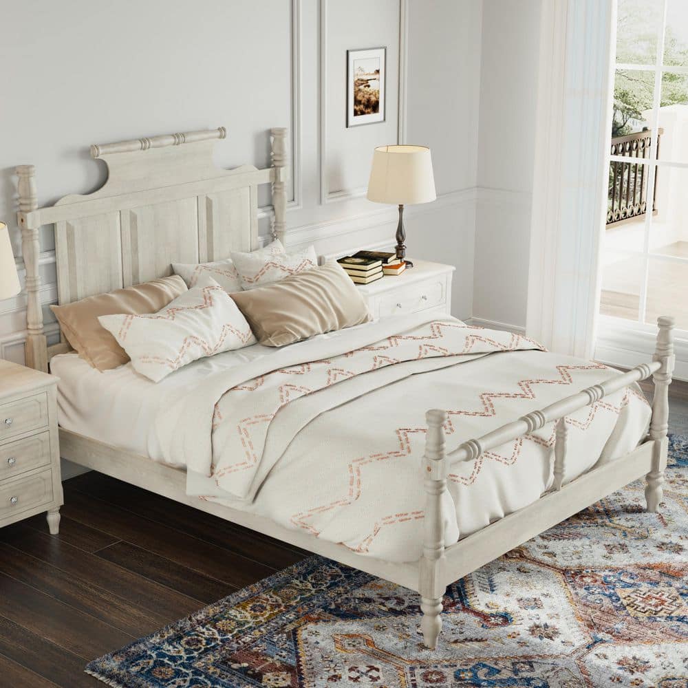 Fara Retro White Wood Frame Queen Size Four Poster Platform Bed with High Crown-like Headboard, Elegantly Turned Posts price history on PriceWatchPro
