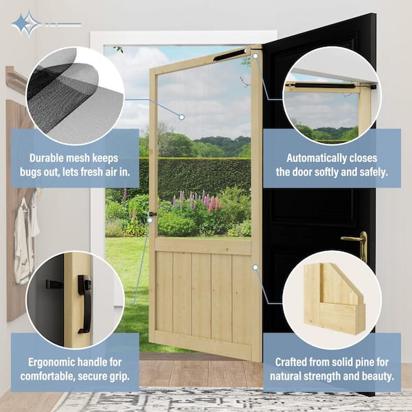 32 in. x 80 in. Rustic Style Universal Unfinished Pine Panel Screen Door with Lock and Door Closer-Gauze Mesh Hinged