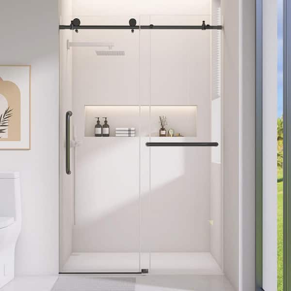 50 to 54 in. W x 75 in. H Frameless Single Sliding Shower Door in Matte Black Finish with 1/4 in. Clear Glass