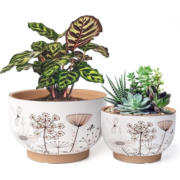 ITOPFOX Garden 7.87 in. L x 7.87 in. W x 5.12 in. H White and Teracotta Ceramic Round Indoor/Outdoor Planter (2-Pack)