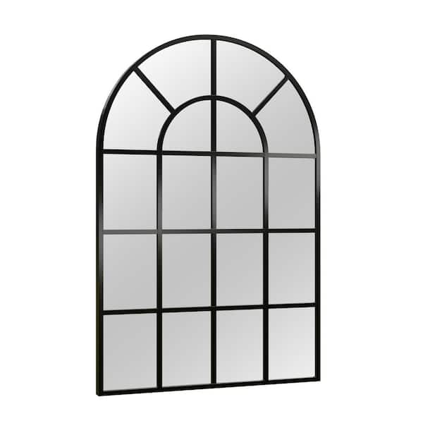 Black 24 in. W x 36 in. H Arched Windowpane Aluminum Alloy Framed Mirror Wall Mirror