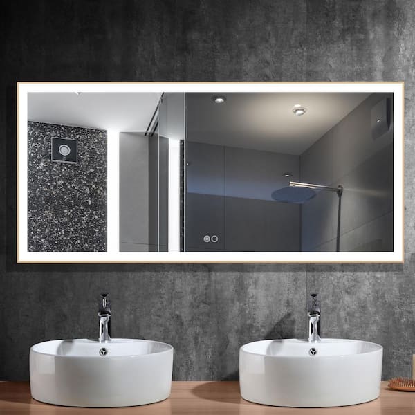 Unbranded 60 in. W x 28 in. H Rectangular Aluminum Framed Wall Mount Bathroom Vanity Mirror in Gold with LED Light Anti-Fog