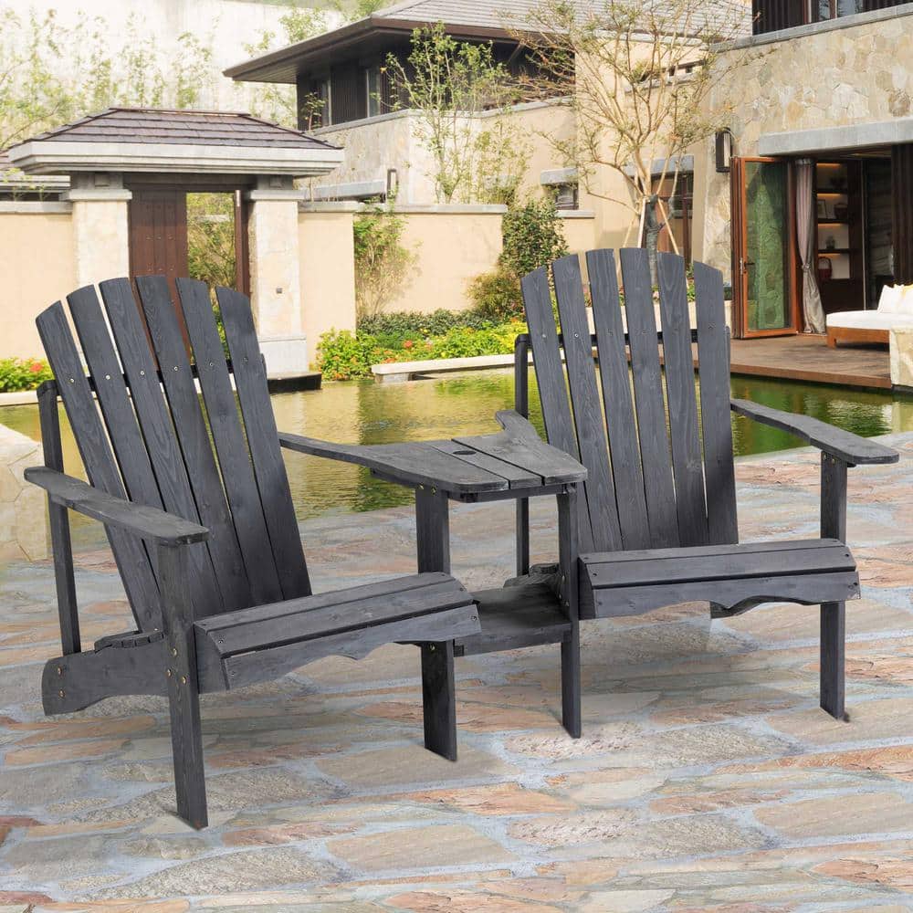 Deep Gray Wooden Adirondack Chairs with Table and Umbrella Hole