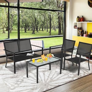 4-Piece Metal Patio Conversation Set with Glass Coffee Table Garden Bistro Set Gray