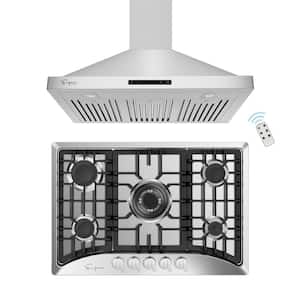 2-Piece Kitchen Package 30 in. Gas Cooktop in Stainless Steel with 5 of Burners and 30 in. Wall Mount Range Hood