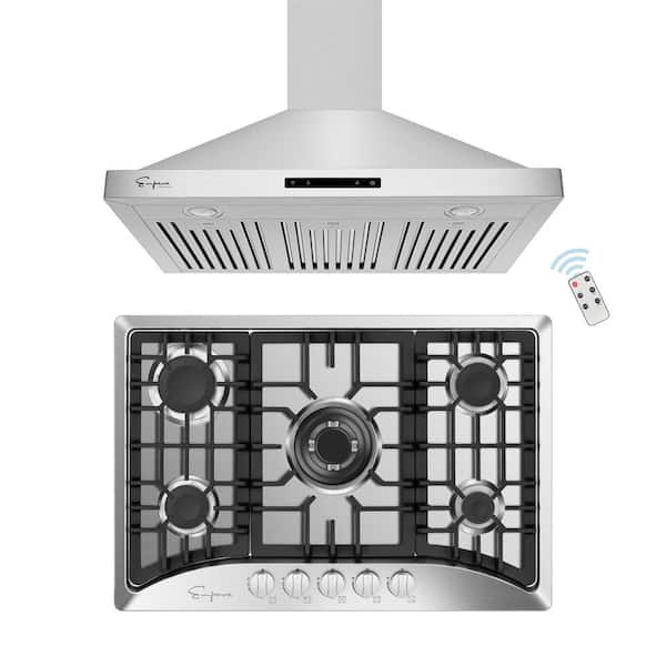 Empava 2-Piece Kitchen Package 30 in. Gas Cooktop in Stainless Steel with 5 of Burners and 30 in. Wall Mount Range Hood