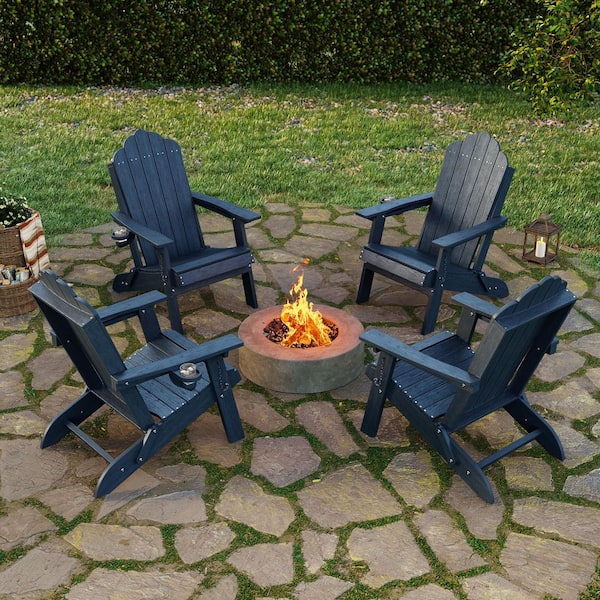 Sonkuki Navy Blue Plastic Foldable Adirondack Chair with Cup
