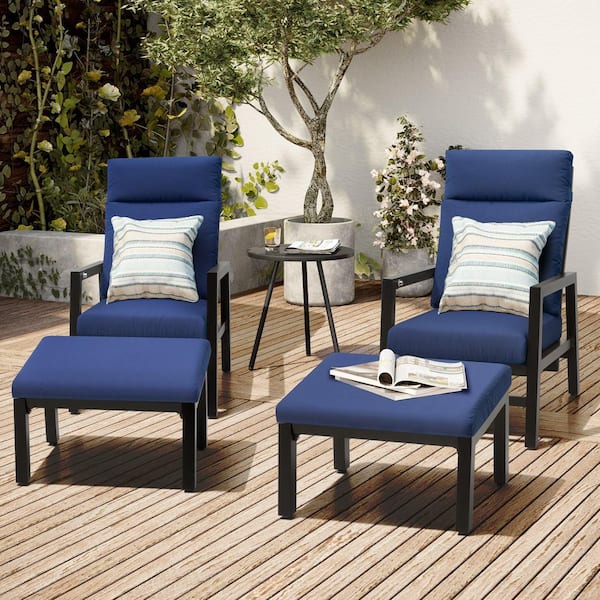 Black Aluminum Adjustable Reclining Outdoor Recliner Chair with Navy Blue Cushion and Ottoman (Set of 2)