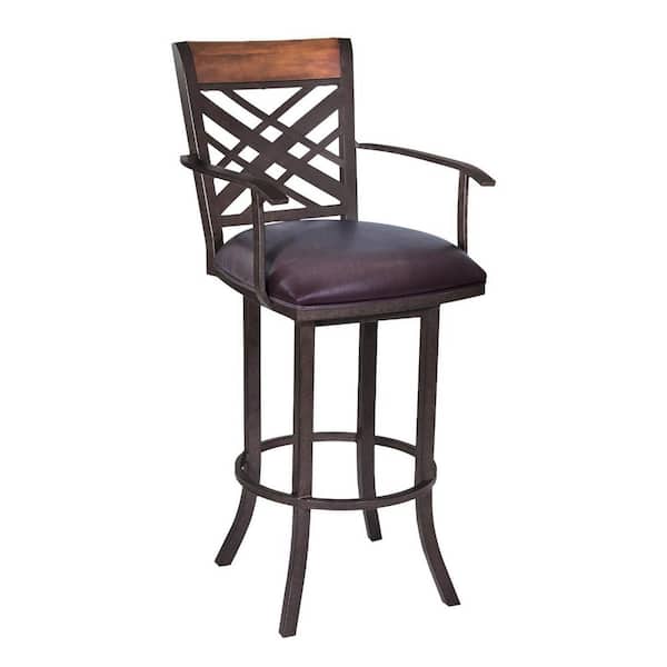 HomeRoots 26 in. Brown High Back Metal Adjustable Height Bar Chair with Faux leather Seat