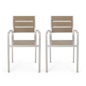 Modern Design Aluminum Outdoor Dining Chair with Faux Wood Seat & Back Sturdy and Durable in Natural & Silver (Set of 2)