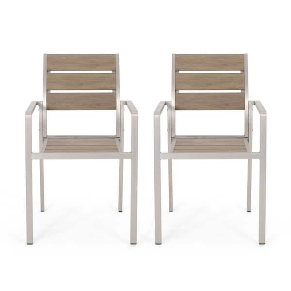 Misopily Modern Design Aluminum Outdoor Dining Chair with Faux Wood Seat & Back Sturdy and Durable in Natural & Silver (Set of 2)