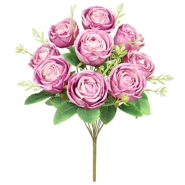 LIVING LUXURY 17 in. Rose Mauve Artificial Vintage Cabbage Rose Flower Stem Bush Bouquet (Set of 2)