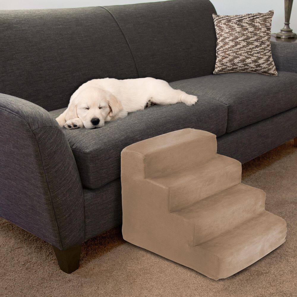 Tan 4-Step High-Density Foam Pet Stairs with Microfiber Cover