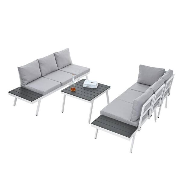 Zeus & Ruta 5-Piece Aluminum Outdoor Patio Conversation Set with End Tables, Coffee Table and Gray Cushions
