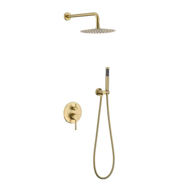 Flynama 2-Spray Patterns 10 in. Wall Mounted Dual Shower Heads with Hand Shower in Brushed Gold (Valve Included)