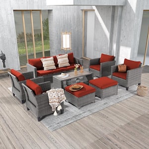 8-Piece Gray Wicker Outdoor Seating Sofa Set with Thickening Rust Red Cushions
