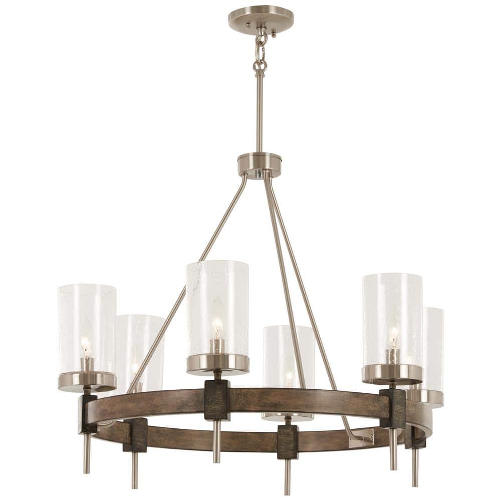 Stone Grey and Brushed Nickel 6-Light Chandelier with Clear Seedy Glass