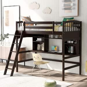 Espresso Wood Twin Size Loft Bed with Storage Shelves and Desk