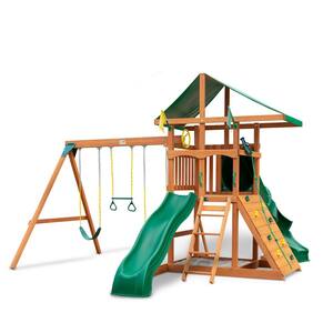 Outing III Wooden Outdoor Playset with Tube Slide, Wave Slide, Rock Wall, Sandbox, and Backyard Swing Set Accessories