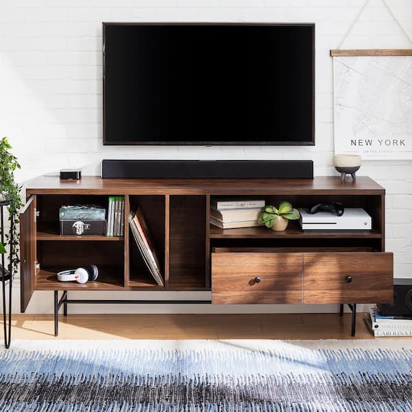 60 in. Dark Walnut Composite TV Stand with 3 Drawer Fits TVs Up to 66 in. with Storage Doors