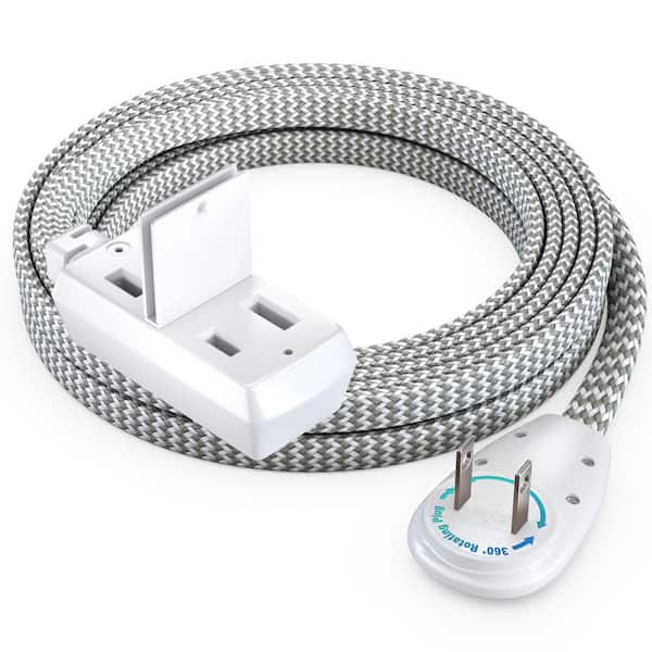 MAXIMM 10 ft. 16/2 Light Duty Indoor Extension Cord 360 Rotating Flat Plug 2-Prong Flat Wire with Braided Cover, Light Gray
