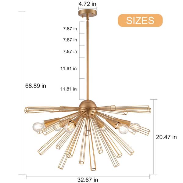 TinHon Modern 6-Light Gold Sputnik Chandelier with Adjustable Rods