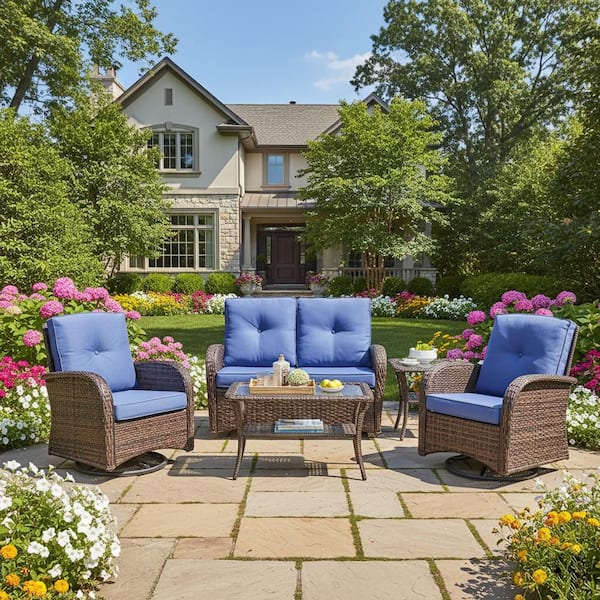 5-Piece Wicker Patio Conversation Set with Blue Cushions