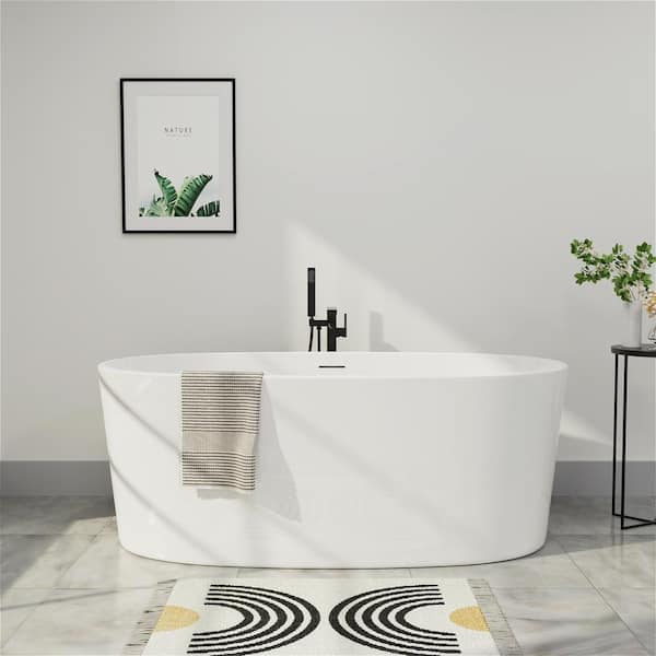 Mokleba Modern 59 in. Acrylic Flatbottom Freestanding Non-Whirlpool Bathtub Center Drain Bathtub in White