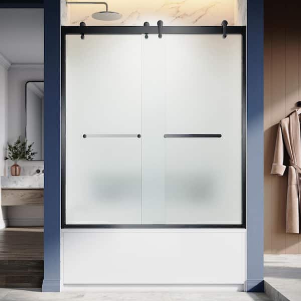 UNIKOO UKD08 60 in. W x 66 in. H Double Sliding Semi-Frameless Tub Door in Matte Black with EnduroShield 5/16 in. Etched Glass