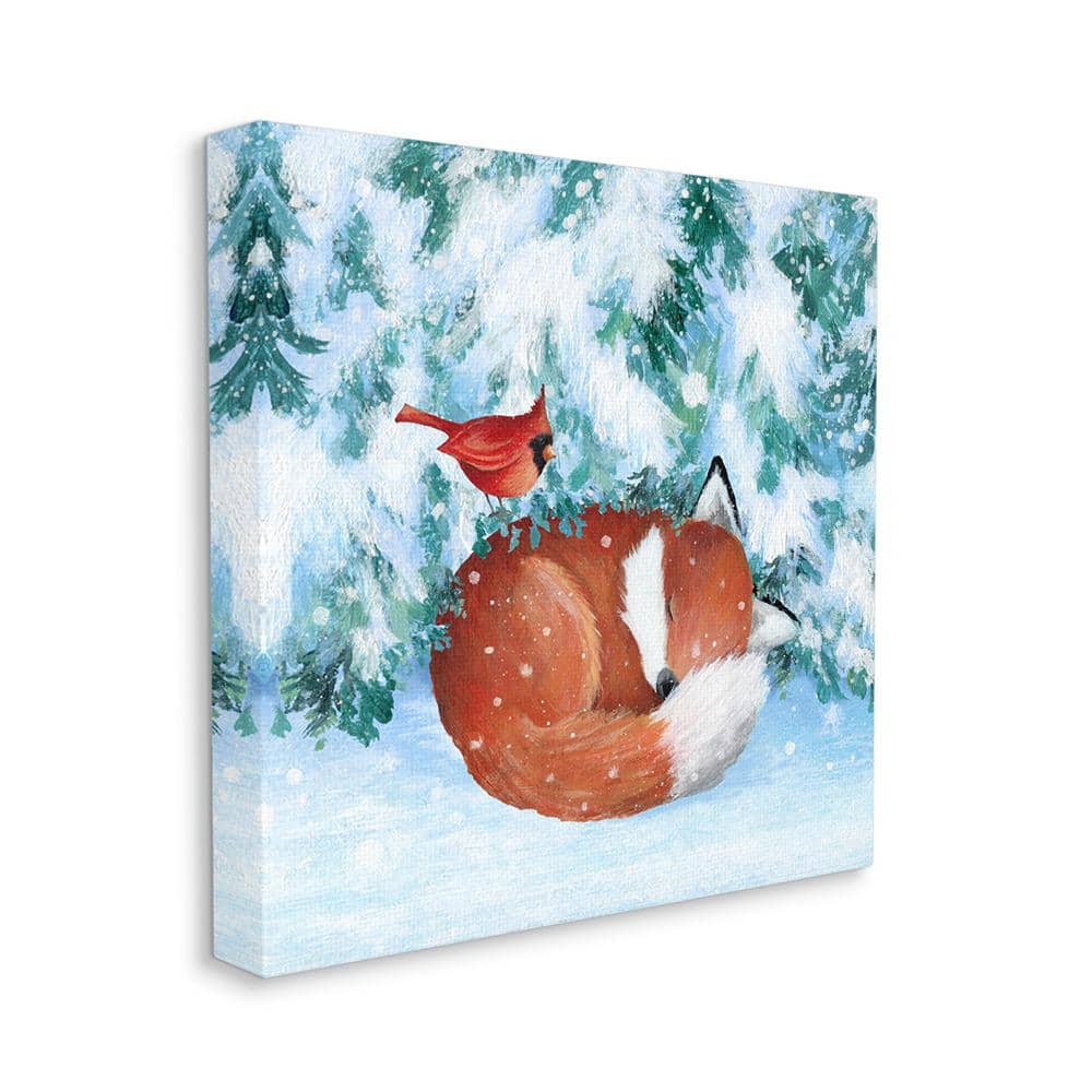 Sleeping Fox and Cardinal in Snow Canvas Wall Art, 17 x 17