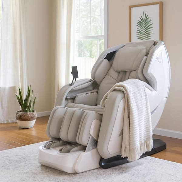 Advent Series Taupe Faux Leather Reclining 4D Massage Chair, Spinning Calf Roller, Heated Lumbar, Extended SL Rail Track